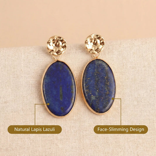 Natural Lapis Lazuli Oval Drop Earrings Hammered Minimalist Jewelry for Wisdo... - Side view | AnwenYing Jewelry