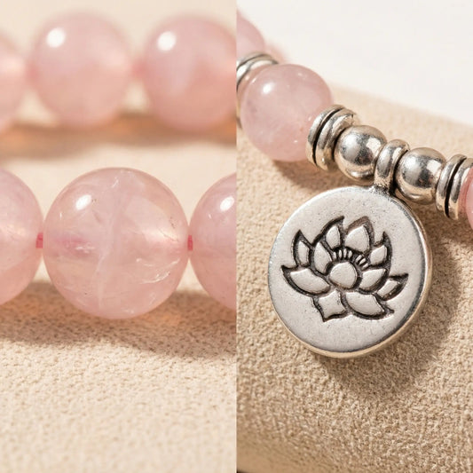 meaningful Pink Quartz Bead Necklace Lotus Charm mindful design Wrap - Side view | AnwenYing Jewelry