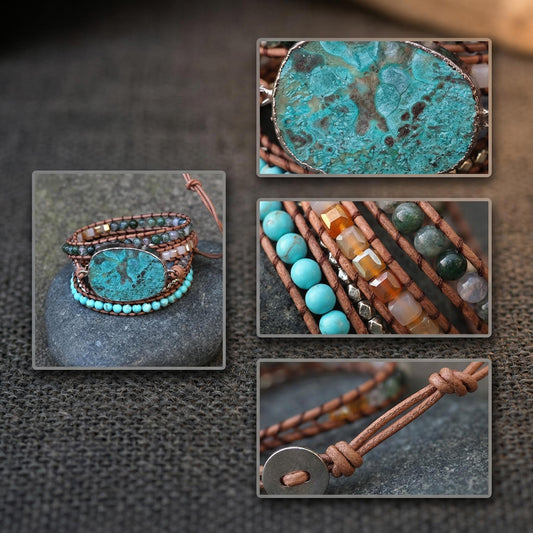 Bohemian Turquoise Wrap Bracelet Multi-Stone Leather Cuff for Balance Boho Style - Side view | AnwenYing Jewelry
