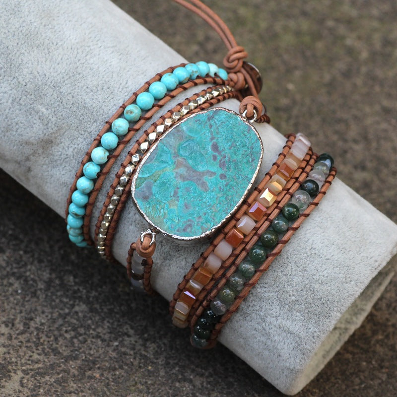 Bohemian Turquoise Wrap Bracelet Multi-Stone Leather Cuff for Balance Boho Style - Lifestyle image | AnwenYing Jewelry