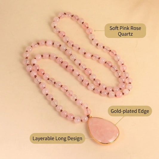 Rose Quartz Layering Necklace Boho Long Beaded Chain with Teardrop Pendant fo... - Side view | AnwenYing Jewelry