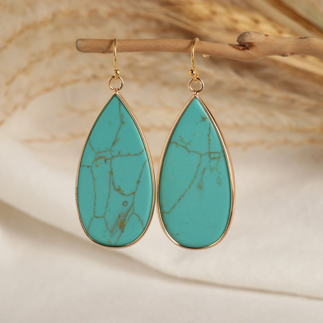 Natural Turquoise Teardrop Earrings Boho minimalist Jewelry for Calm durable - Model wearing | AnwenYing Jewelry