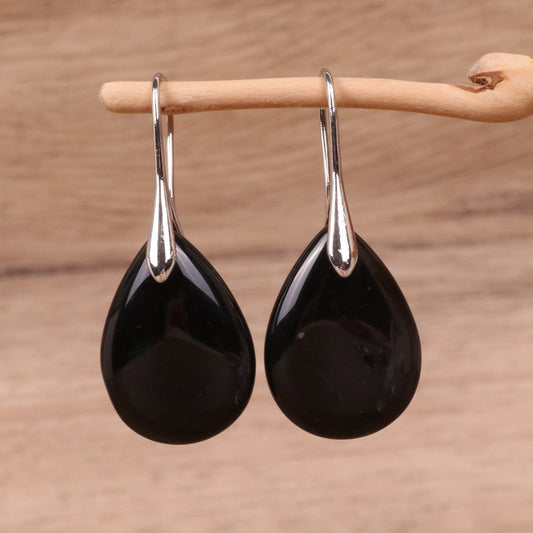 Black Onyx Teardrop Earrings Hook for Minimalist - Side view | AnwenYing Jewelry