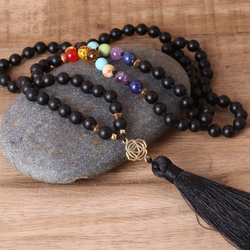 108 Black Onyx 7-Stone beaded Beaded Necklace Lotus Tassel Design - Lifestyle image | AnwenYing Jewelry