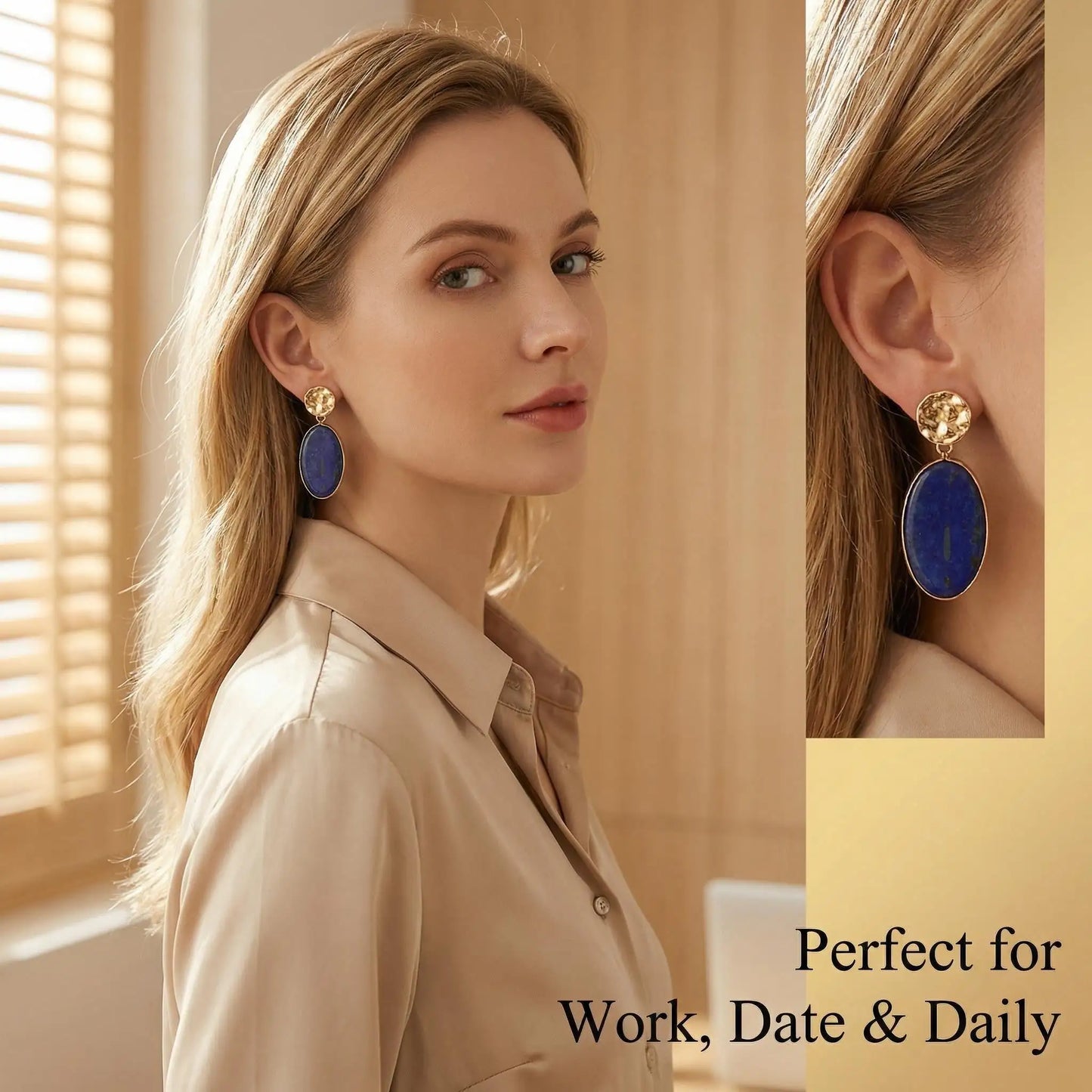 Natural Lapis Lazuli Oval Drop Earrings Hammered Minimalist Jewelry for Wisdo... - Model wearing | AnwenYing Jewelry