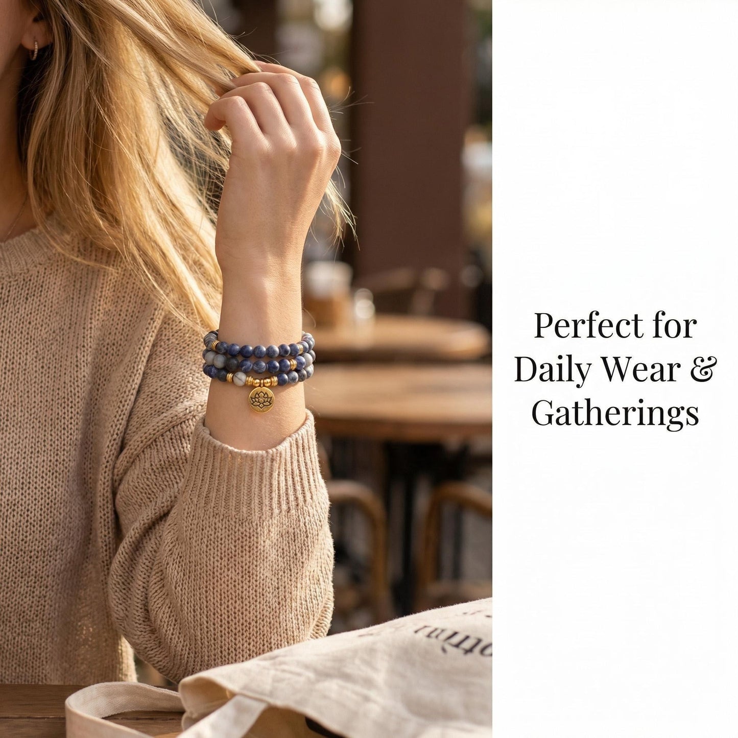 Natural Lapis Lazuli Bracelet 108 Blue Lace Agate amp Sodalite beaded Wrap Br... - Model wearing | AnwenYing Jewelry