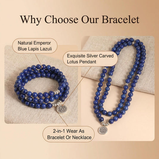 Natural Lapis Lazuli Mala Necklace - Side view | Deep blue with golden pyrite flecks | AnwenYing