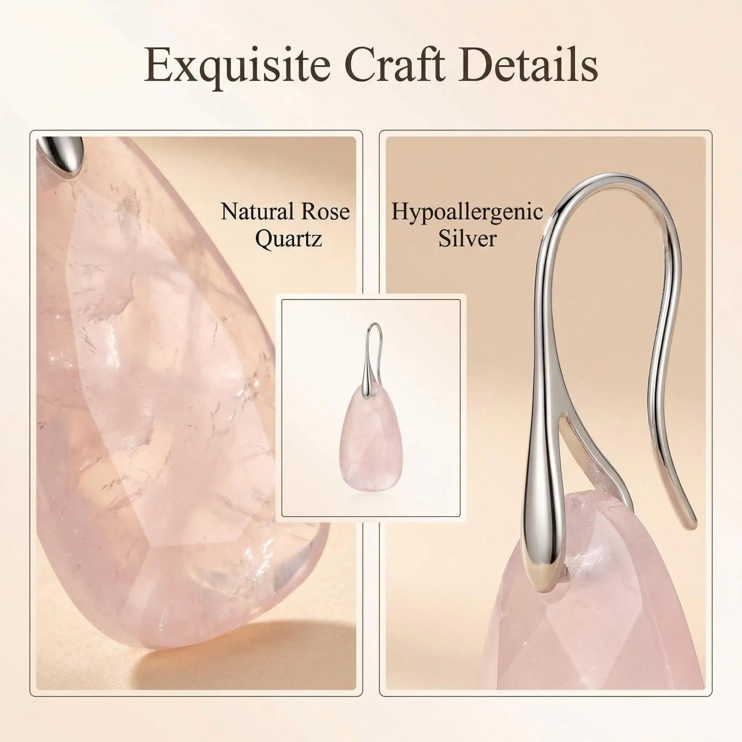 Romantic Faceted Pink Quartz Dangle Earrings Hook Classic Love Charm - Close-up | AnwenYing Jewelry
