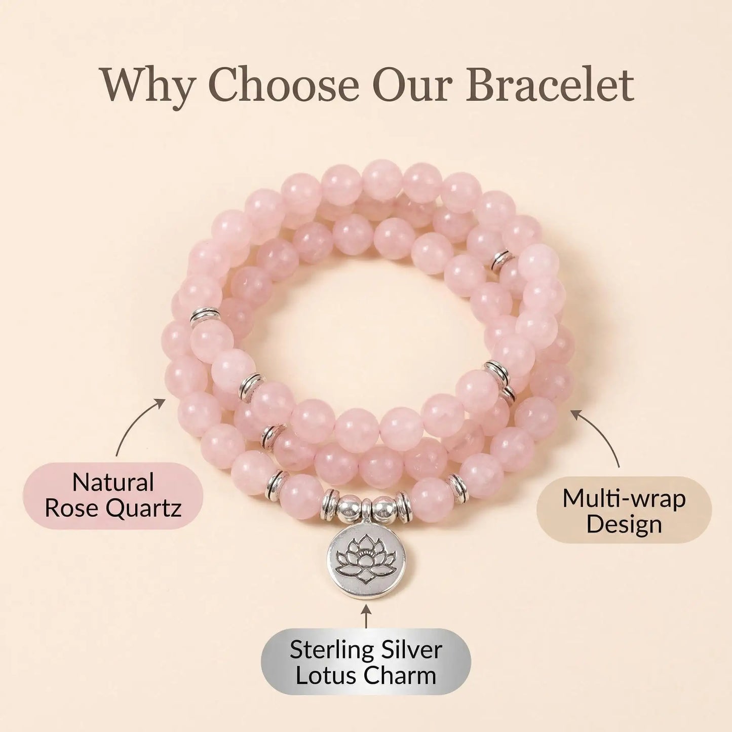 meaningful Pink Quartz Bead Necklace Lotus Charm mindful design Wrap - Detail view | AnwenYing Jewelry