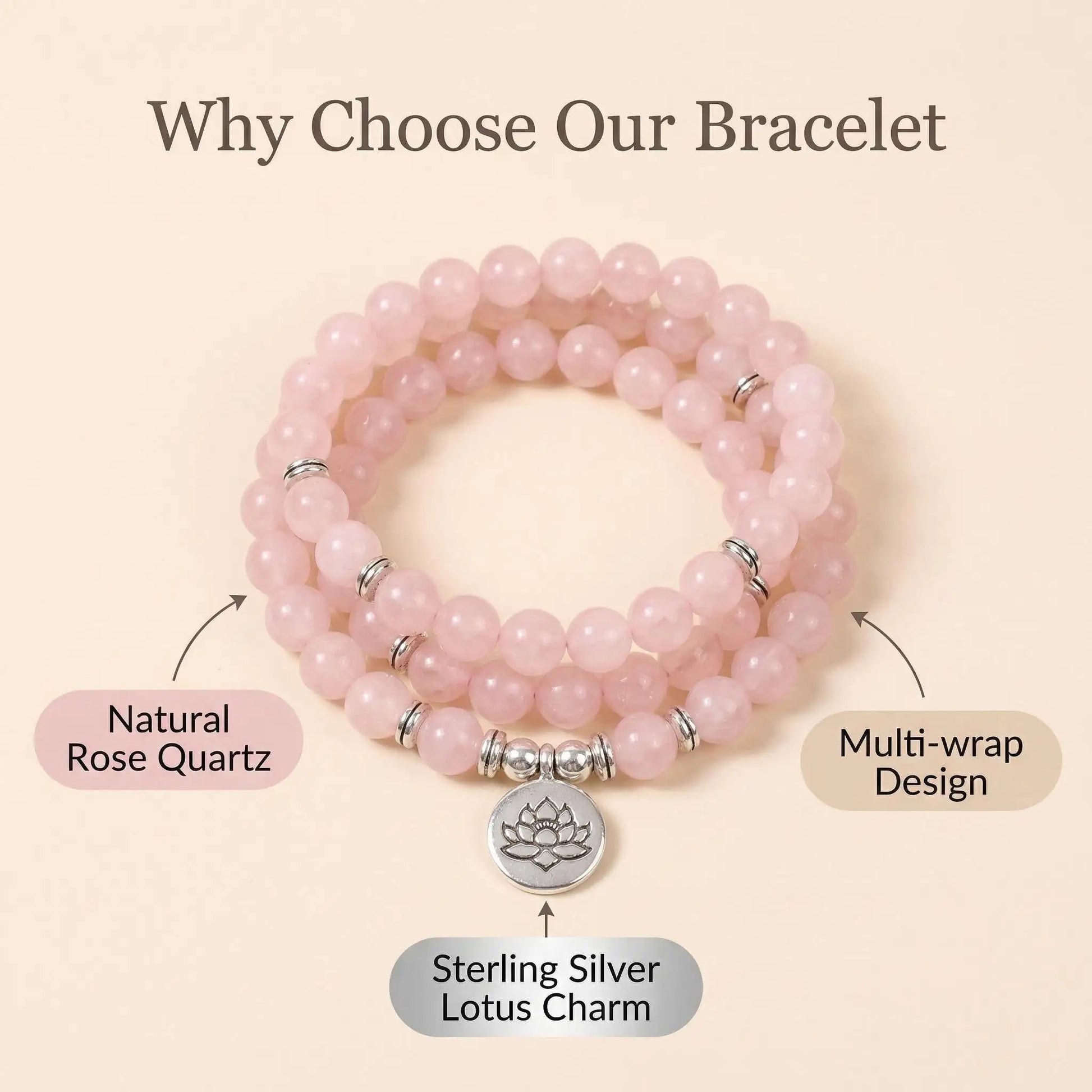 meaningful Pink Quartz Bead Necklace Lotus Charm mindful design Wrap - Detail view | AnwenYing Jewelry