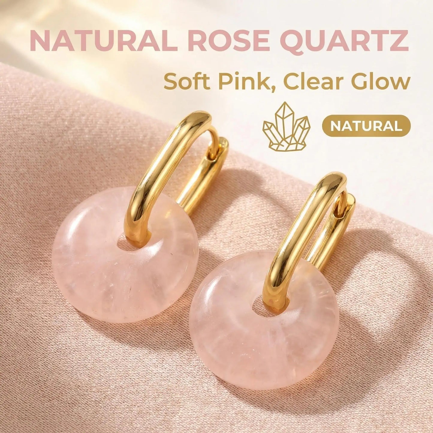 Vintage Pink Quartz Donut Hoop Earrings Peace Coin Amulet - Front view | AnwenYing Jewelry