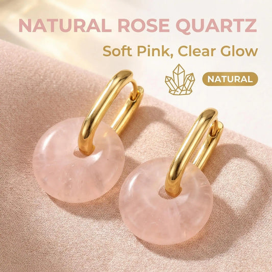 Vintage Pink Quartz Donut Hoop Earrings Peace Coin Amulet - Front view | AnwenYing Jewelry