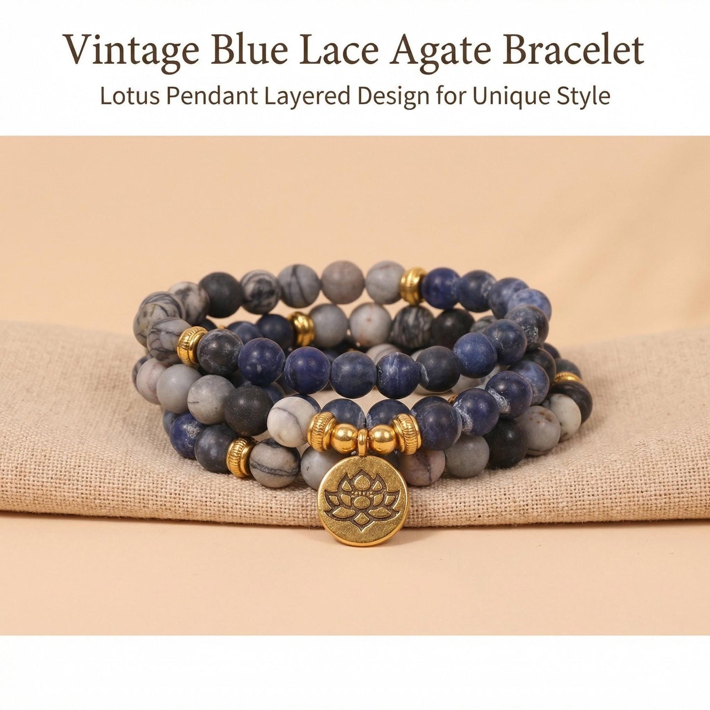 Natural Lapis Lazuli Bracelet 108 Blue Lace Agate amp Sodalite beaded Wrap Br... - Side view | AnwenYing Jewelry