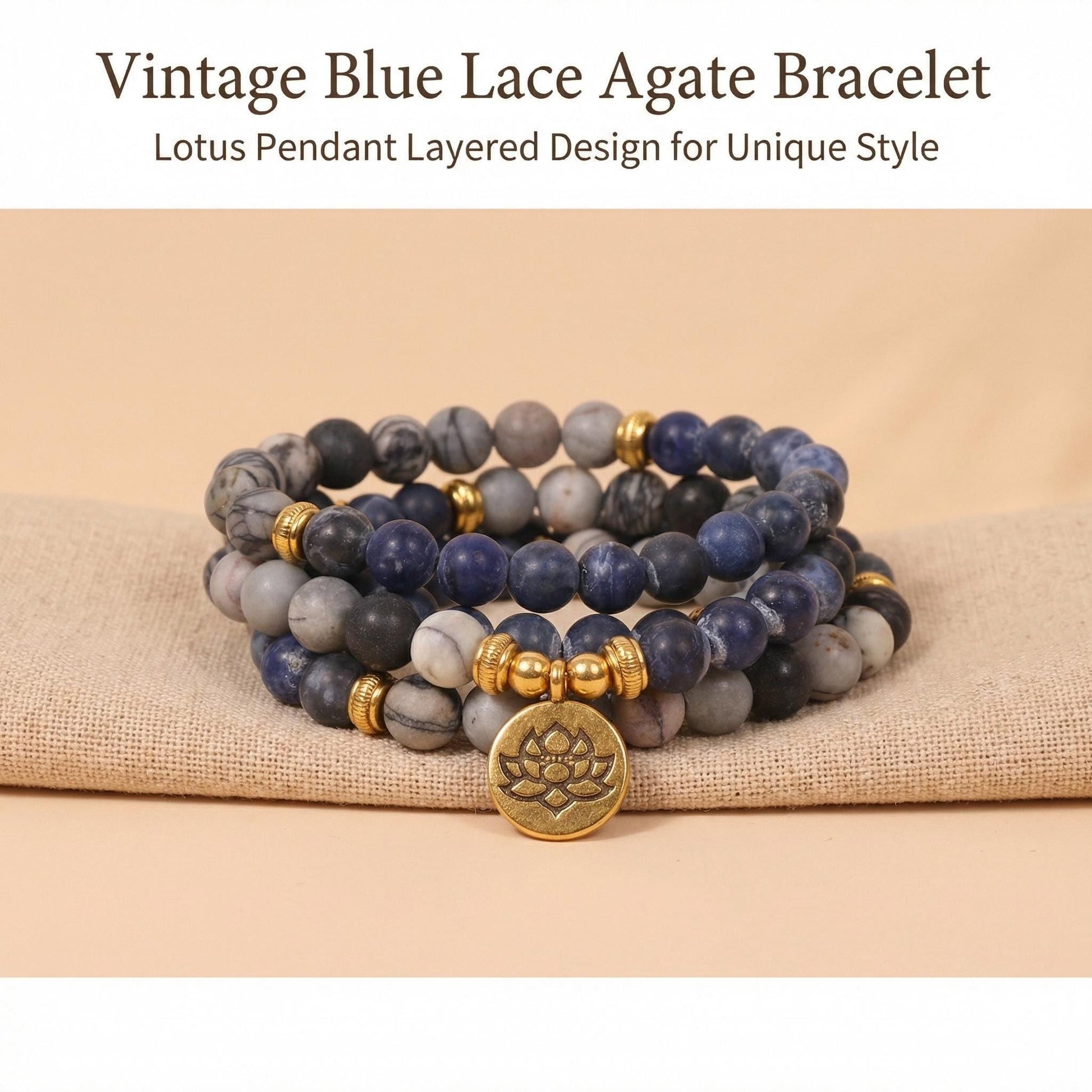 Natural Lapis Lazuli Bracelet 108 Blue Lace Agate amp Sodalite beaded Wrap Br... - Side view | AnwenYing Jewelry