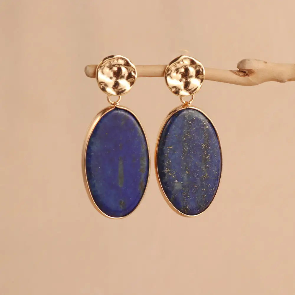 Natural Lapis Lazuli Oval Drop Earrings Hammered Minimalist Jewelry for Wisdo... - Detail view | AnwenYing Jewelry