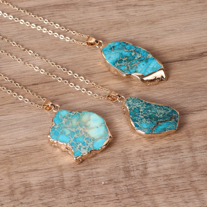 Raw Turquoise Slab Pendant Necklace durable Boho Elegance - Model wearing | AnwenYing Jewelry