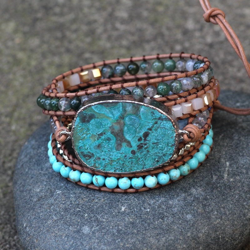 Bohemian Turquoise Wrap Bracelet Multi-Stone Leather Cuff for Balance Boho Style - Close-up | AnwenYing Jewelry