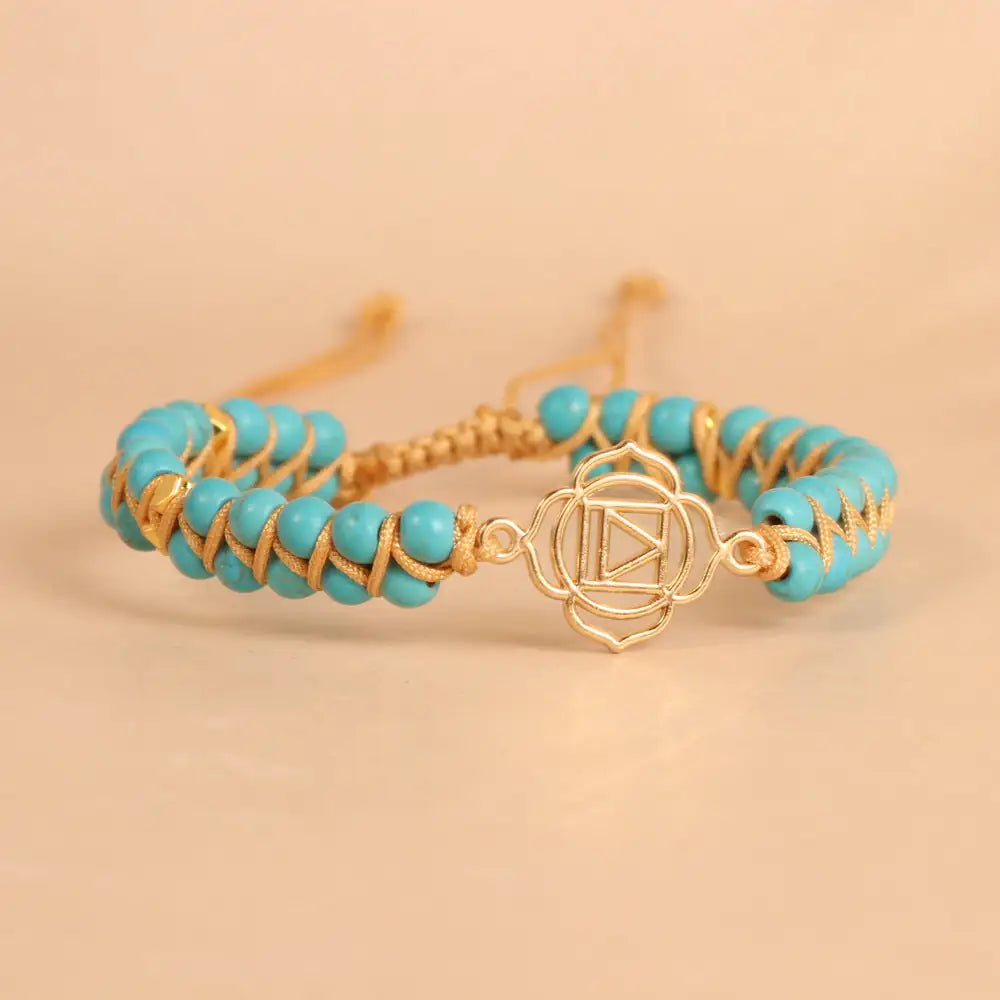 Turquoise Solar Plexus color harmony Woven Bracelet color harmony Symbol Adju... - Model wearing | AnwenYing Jewelry