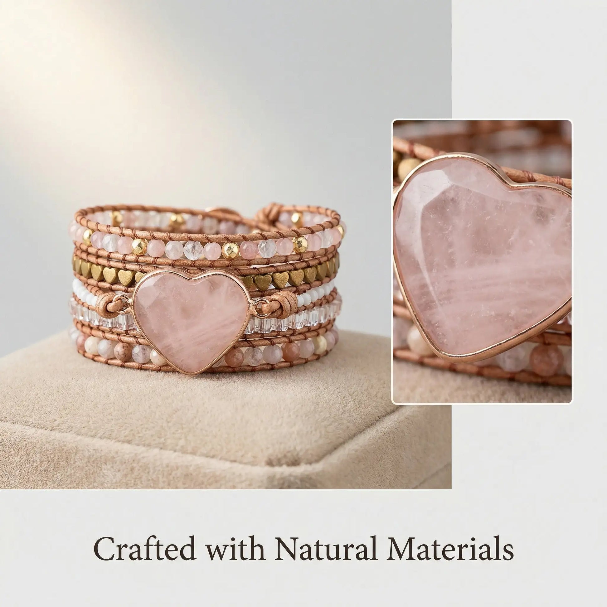 Heart-Shaped Pink Quartz Layered Wrap Bracelet Love Charm Boho Cuff - Side view | AnwenYing Jewelry