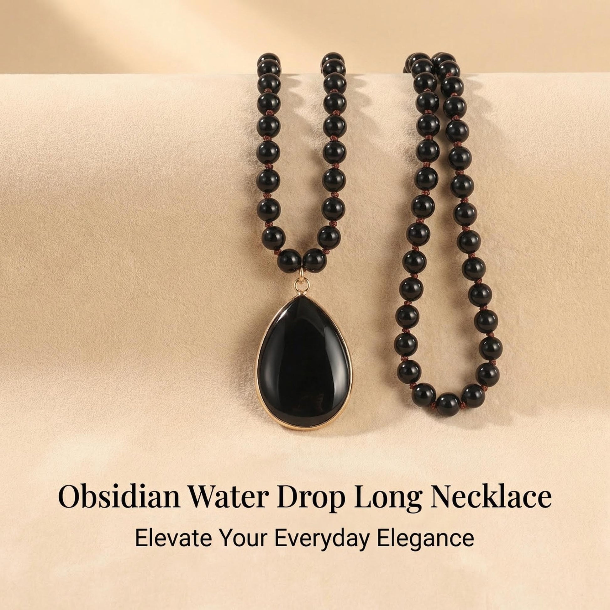 Black Onyx Teardrop beaded Necklace Tassel Pendant - Front view | AnwenYing Jewelry