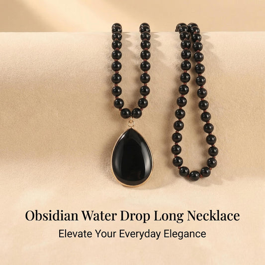 Black Onyx Teardrop beaded Necklace Tassel Pendant - Front view | AnwenYing Jewelry