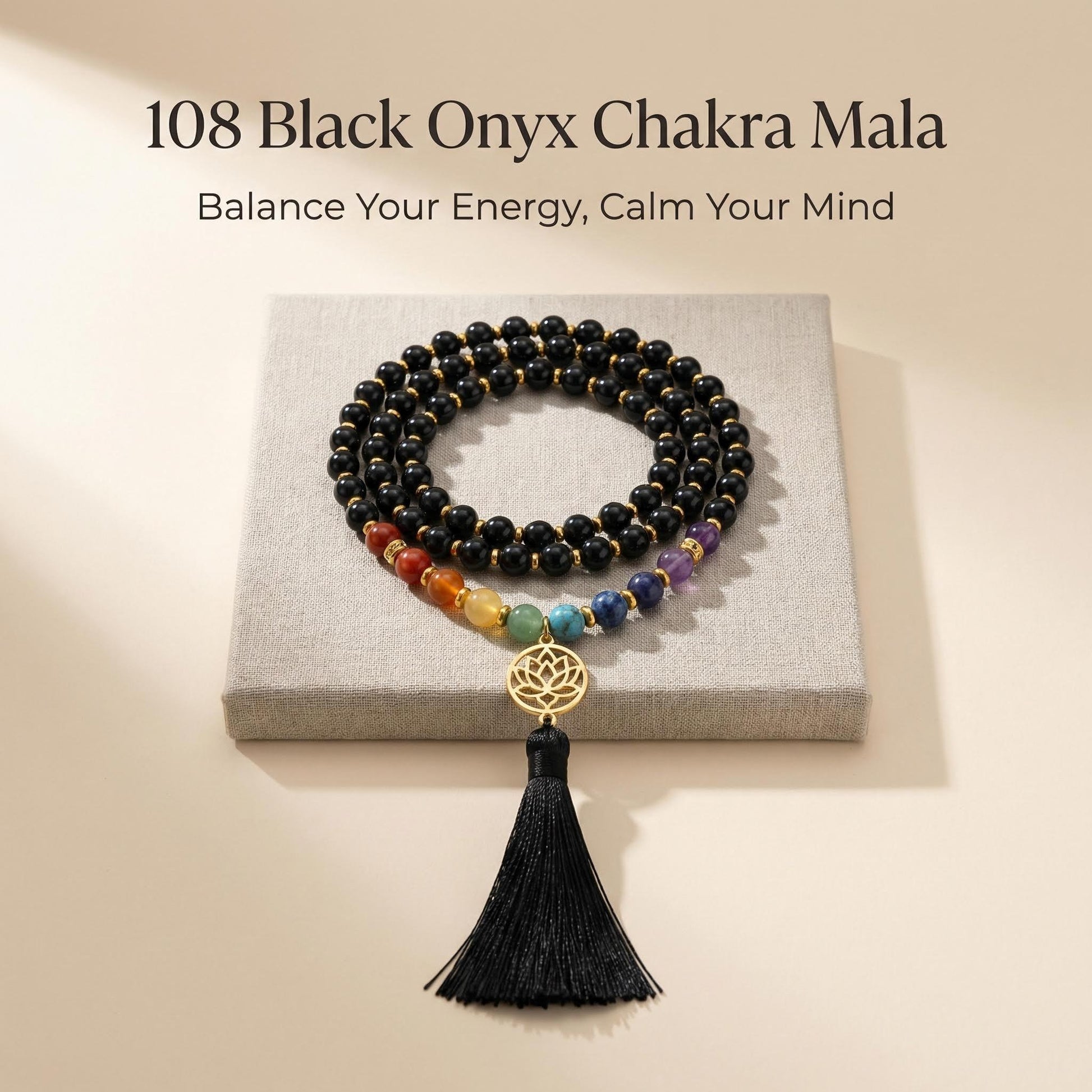 108 Black Onyx 7-Stone beaded Beaded Necklace Lotus Tassel Design - Front view | AnwenYing Jewelry