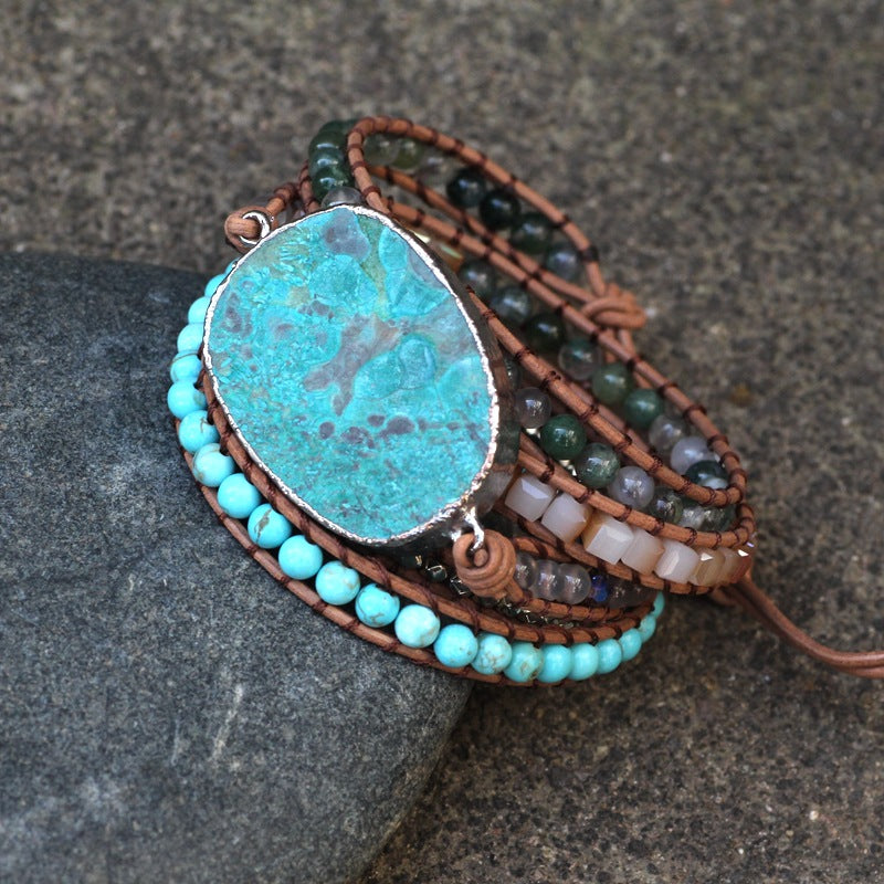 Bohemian Turquoise Wrap Bracelet Multi-Stone Leather Cuff for Balance Boho Style - Model wearing | AnwenYing Jewelry