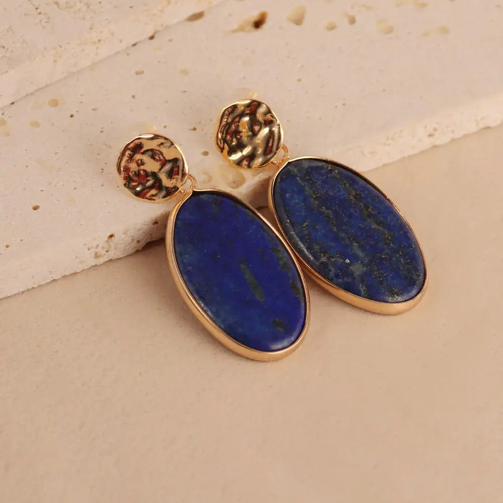 Natural Lapis Lazuli Oval Drop Earrings Hammered Minimalist Jewelry for Wisdo... - Close-up | AnwenYing Jewelry