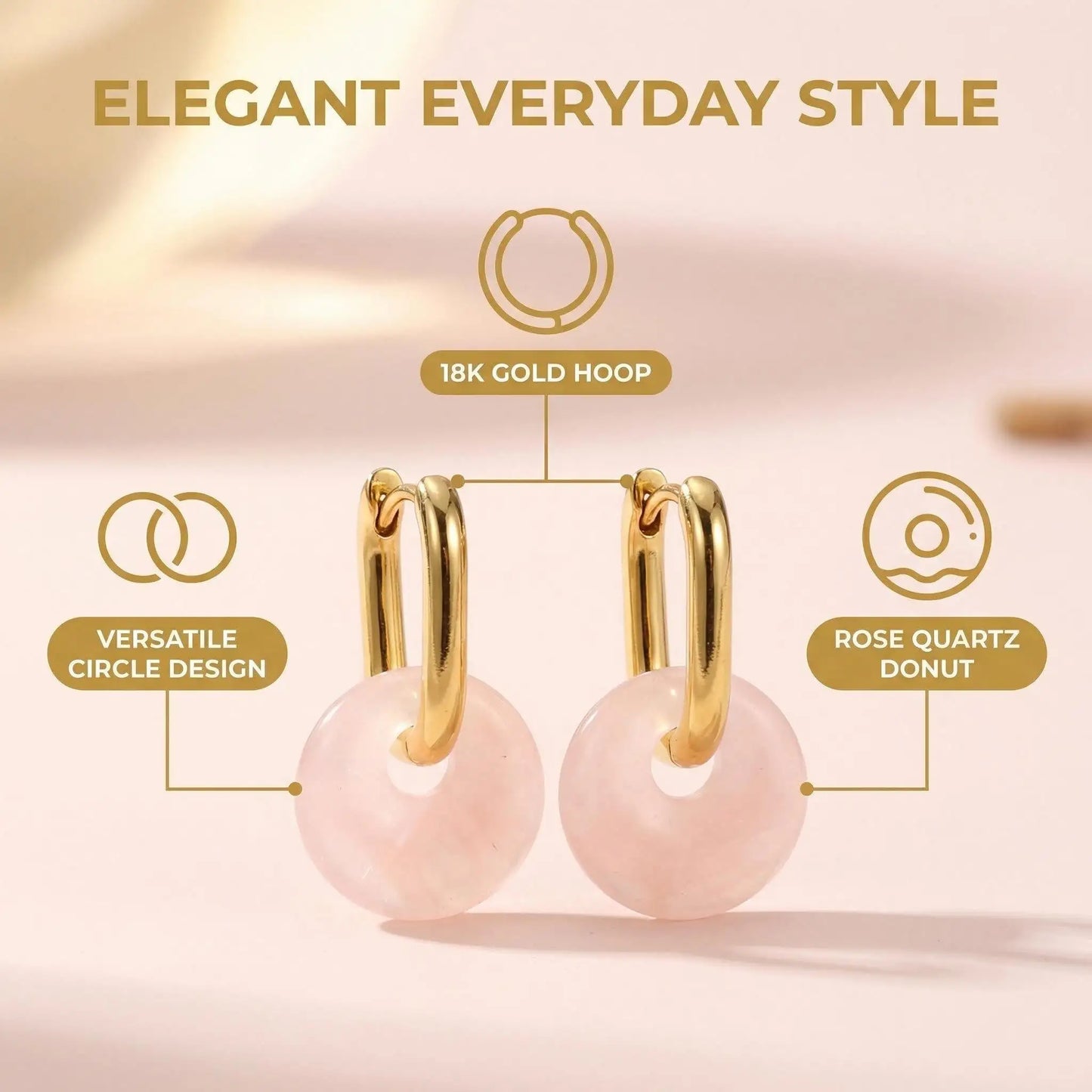 Vintage Pink Quartz Donut Hoop Earrings Peace Coin Amulet - Detail view | AnwenYing Jewelry