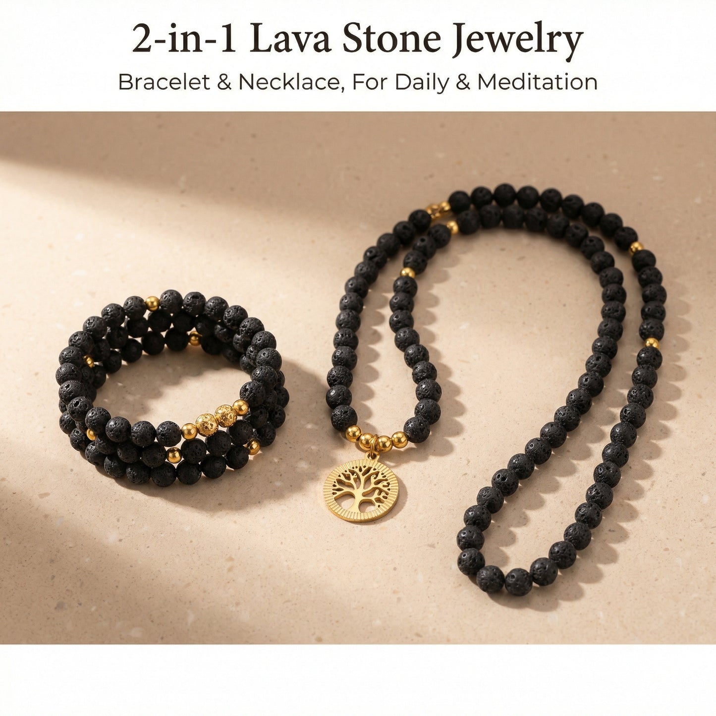 Black Lava Stone Tree of Life beaded Necklace 108 Beads for balanced Connection - Detail view | AnwenYing Jewelry