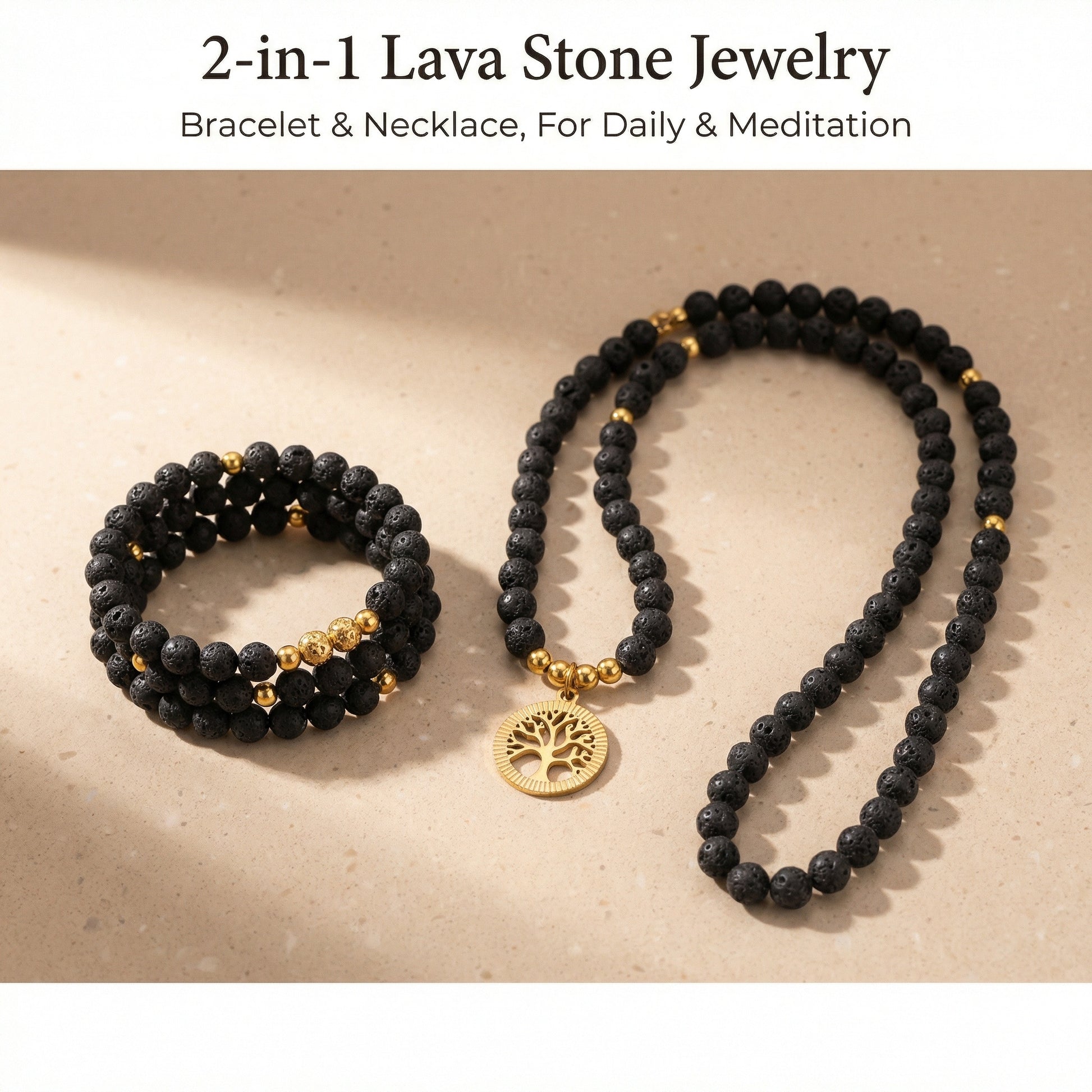 Black Lava Stone Tree of Life beaded Necklace 108 Beads for balanced Connection - Detail view | AnwenYing Jewelry