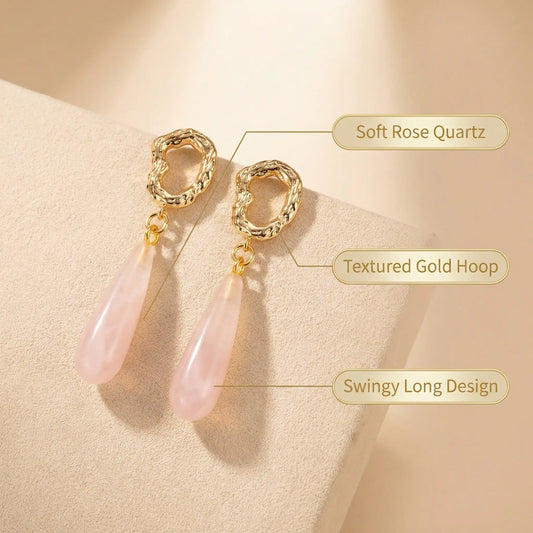 Artisanal Organic Textured Frame Pink Quartz Earrings - Side view | AnwenYing Jewelry