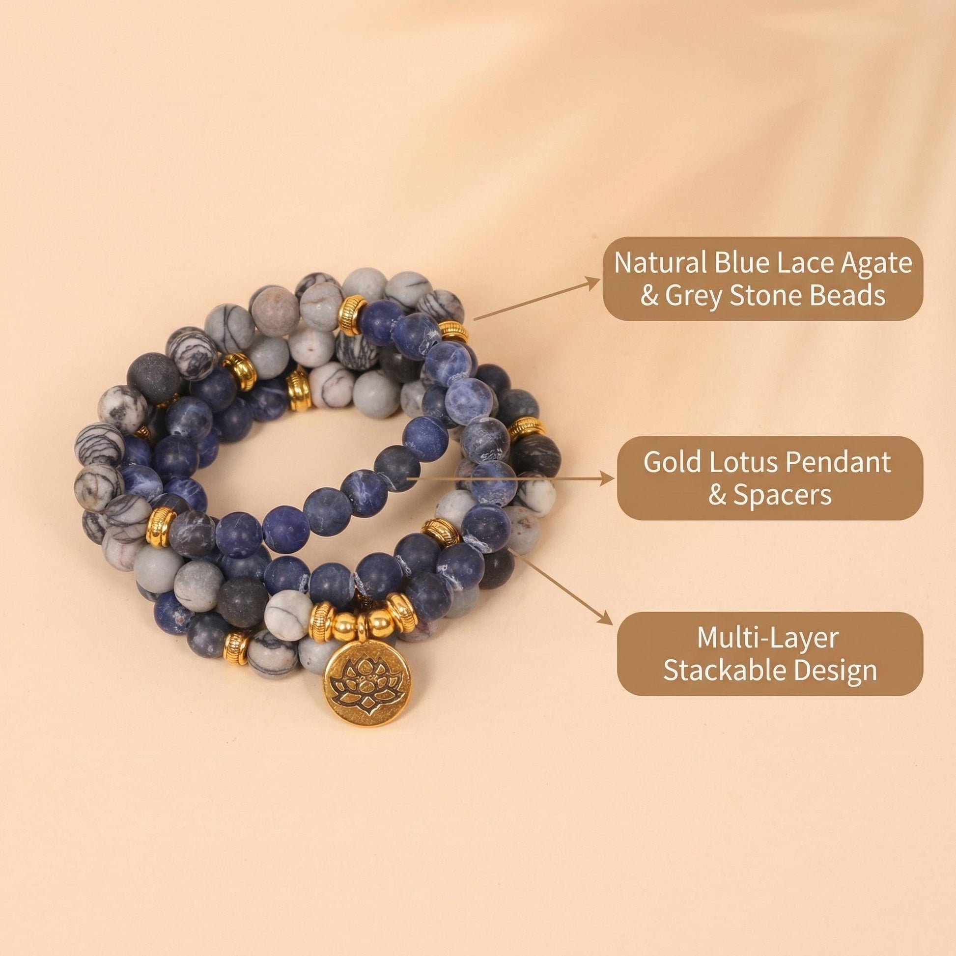 Natural Lapis Lazuli Bracelet 108 Blue Lace Agate amp Sodalite beaded Wrap Br... - Front view | AnwenYing Jewelry