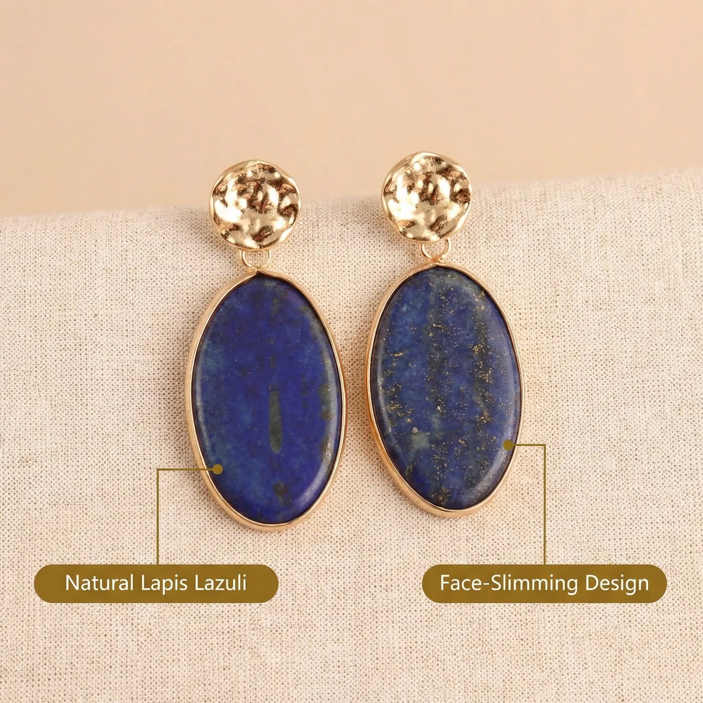 Natural Lapis Lazuli Oval Drop Earrings Hammered Minimalist Jewelry for Wisdo... - Side view | AnwenYing Jewelry