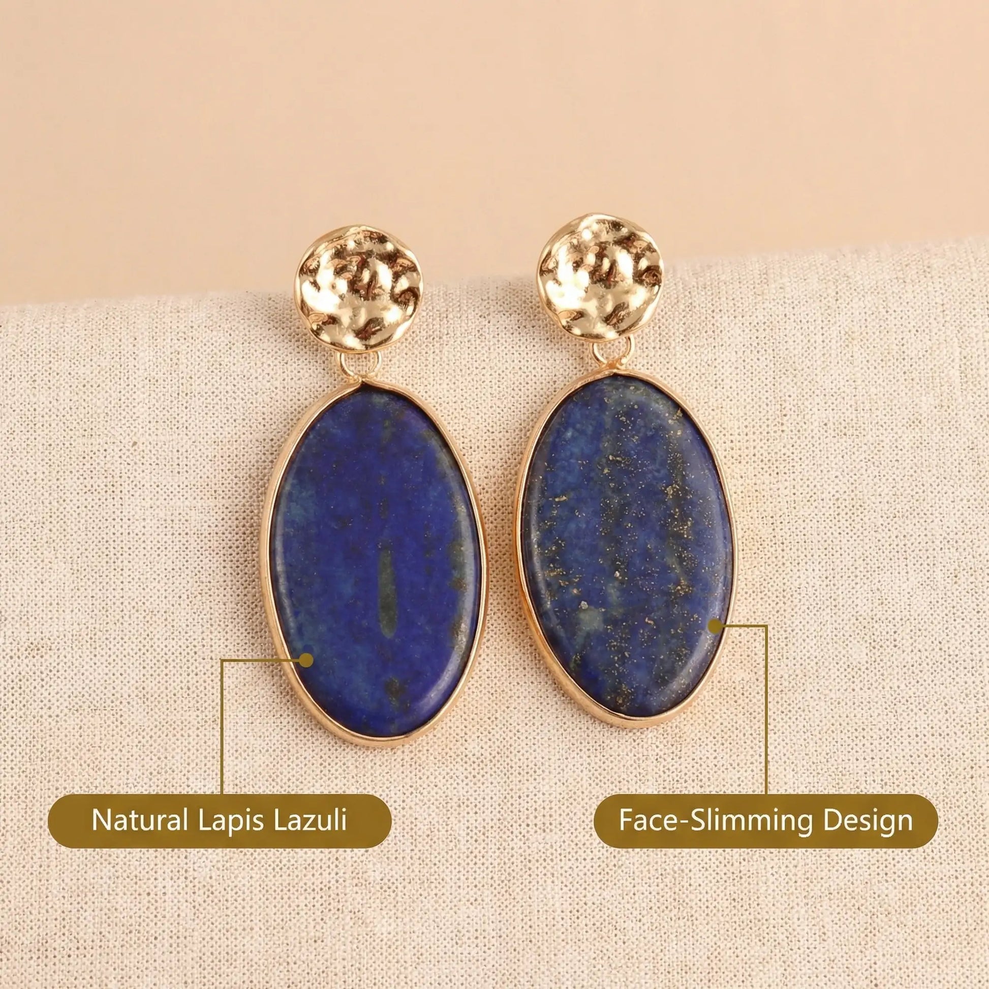 Natural Lapis Lazuli Oval Drop Earrings Hammered Minimalist Jewelry for Wisdo... - Side view | AnwenYing Jewelry