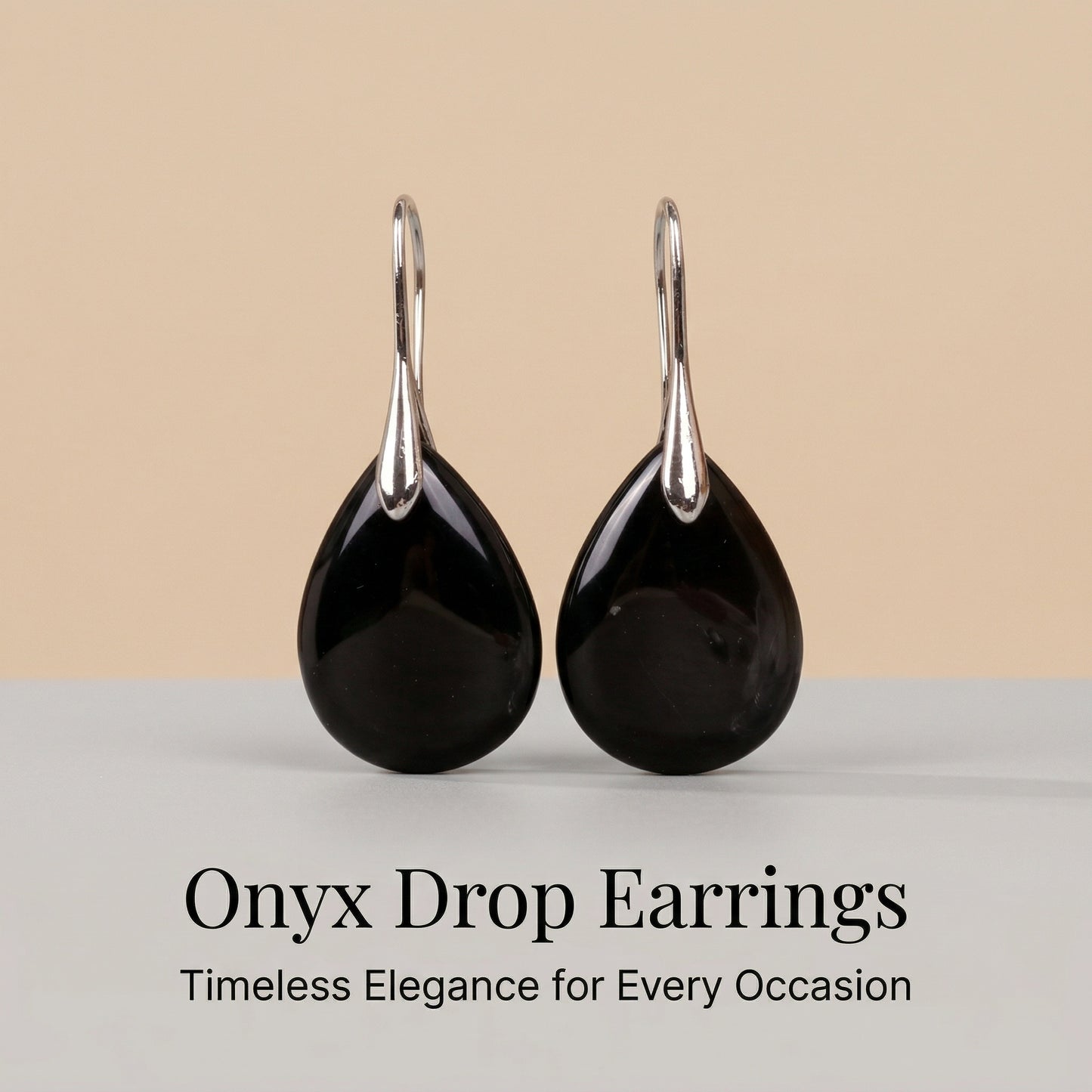Black Onyx Teardrop Earrings Hook for Minimalist - Front view | AnwenYing Jewelry
