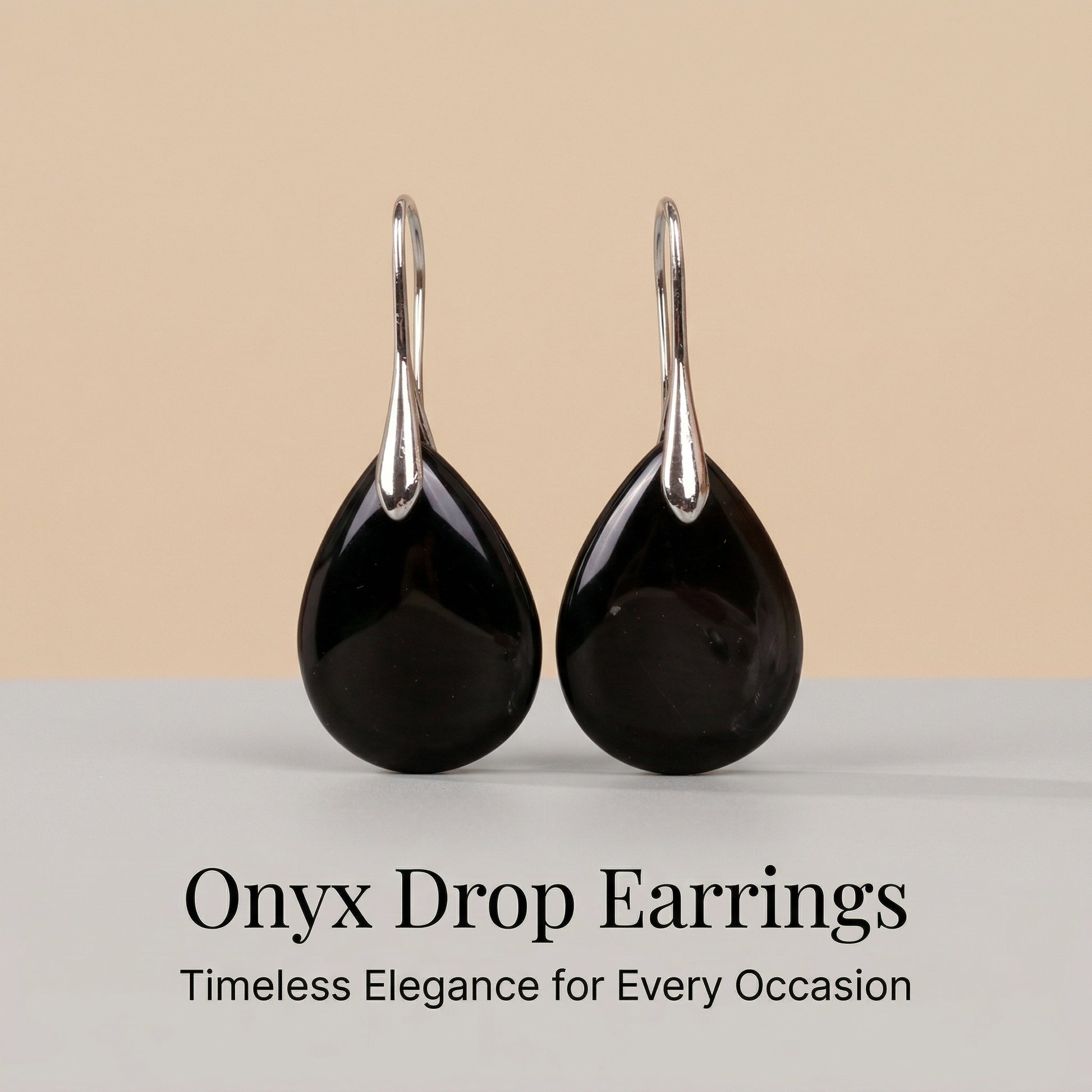 Black Onyx Teardrop Earrings Hook for Minimalist - Front view | AnwenYing Jewelry
