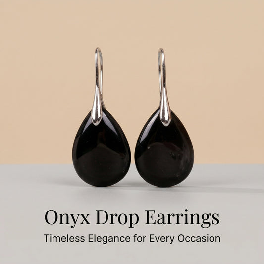 Black Onyx Teardrop Earrings Hook for Minimalist - Front view | AnwenYing Jewelry