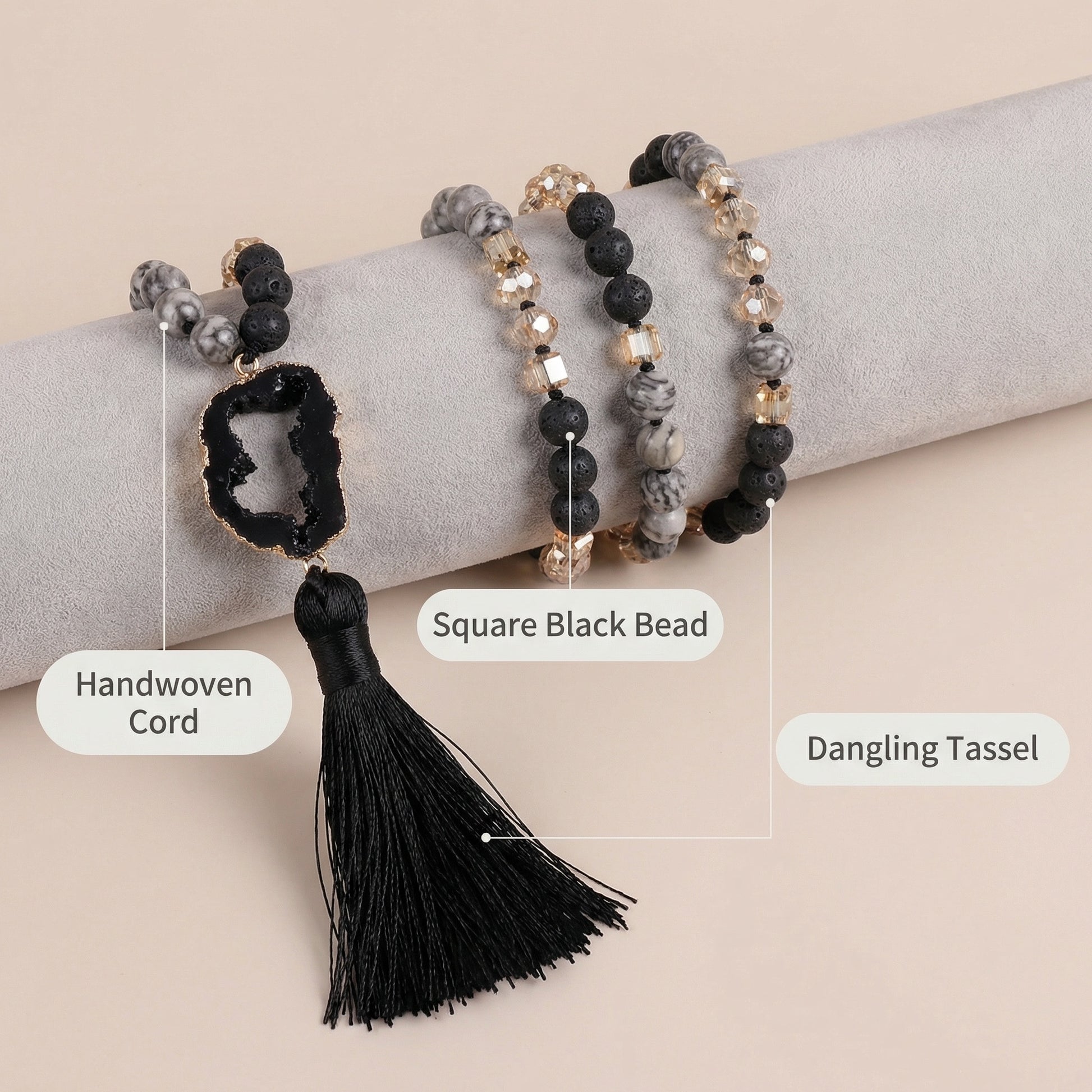 Black Druzy Agate beaded Beaded Necklace Tassel Pendant Design - Side view | AnwenYing Jewelry