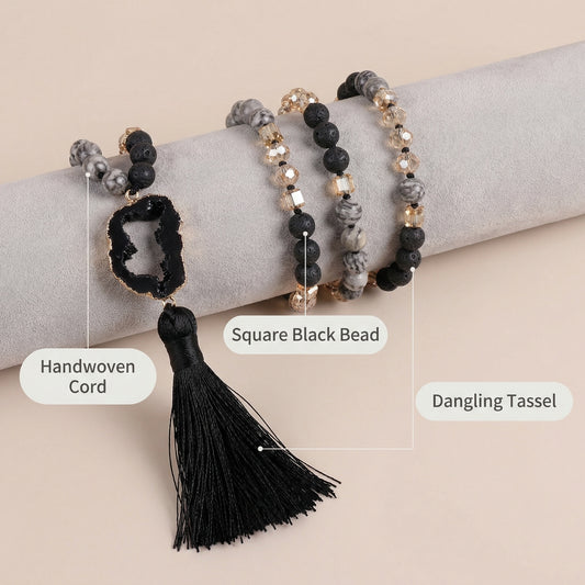 Black Druzy Agate beaded Beaded Necklace Tassel Pendant Design - Side view | AnwenYing Jewelry