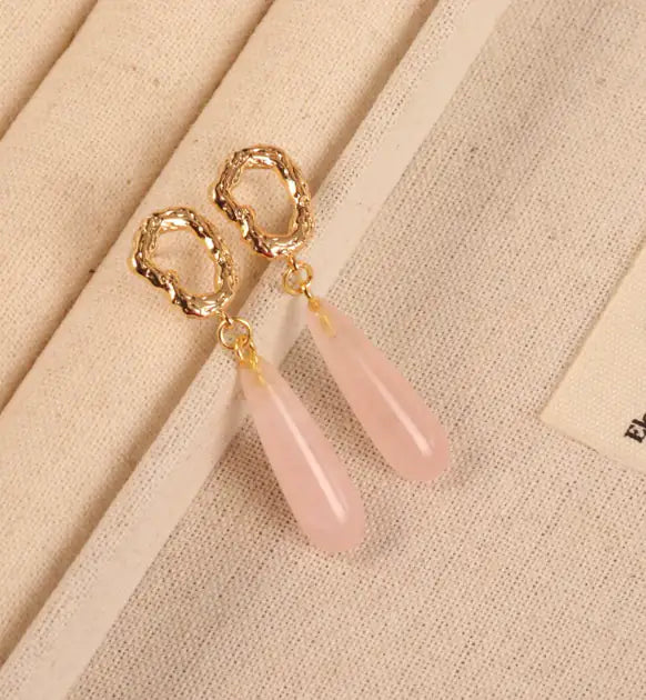 Artisanal Organic Textured Frame Pink Quartz Earrings - Detail view | AnwenYing Jewelry