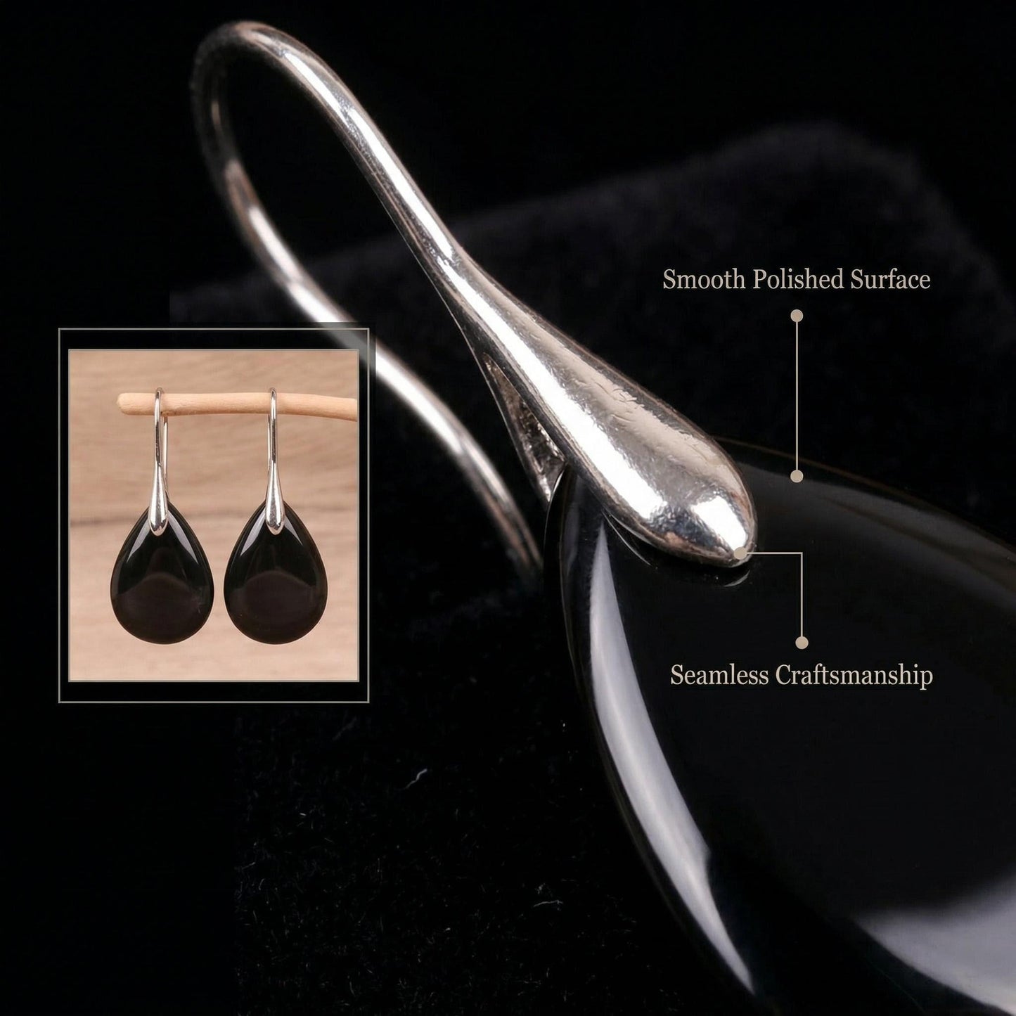 Black Onyx Teardrop Earrings Hook for Minimalist - Detail view | AnwenYing Jewelry