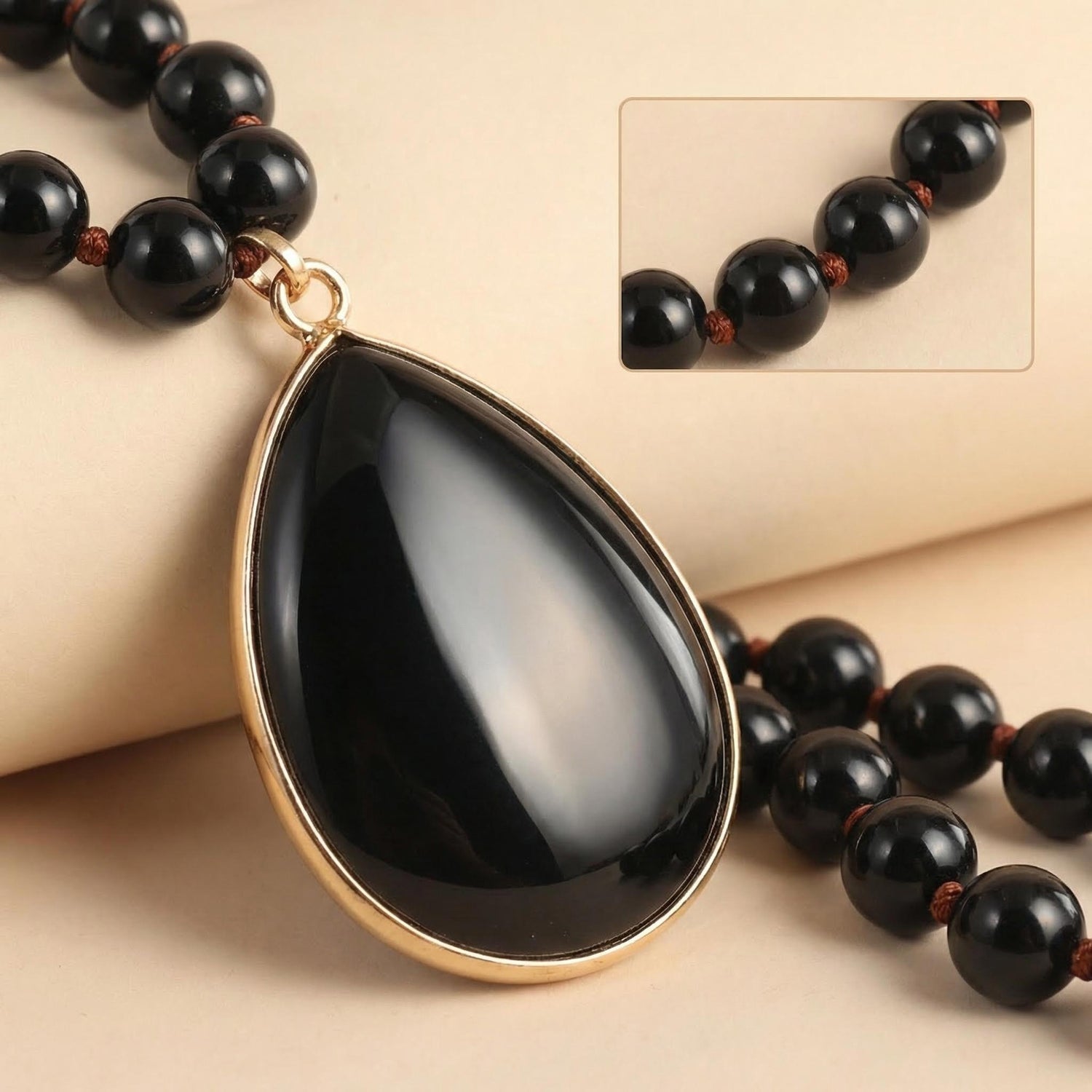 Black Onyx Teardrop beaded Necklace Tassel Pendant - Model wearing | AnwenYing Jewelry