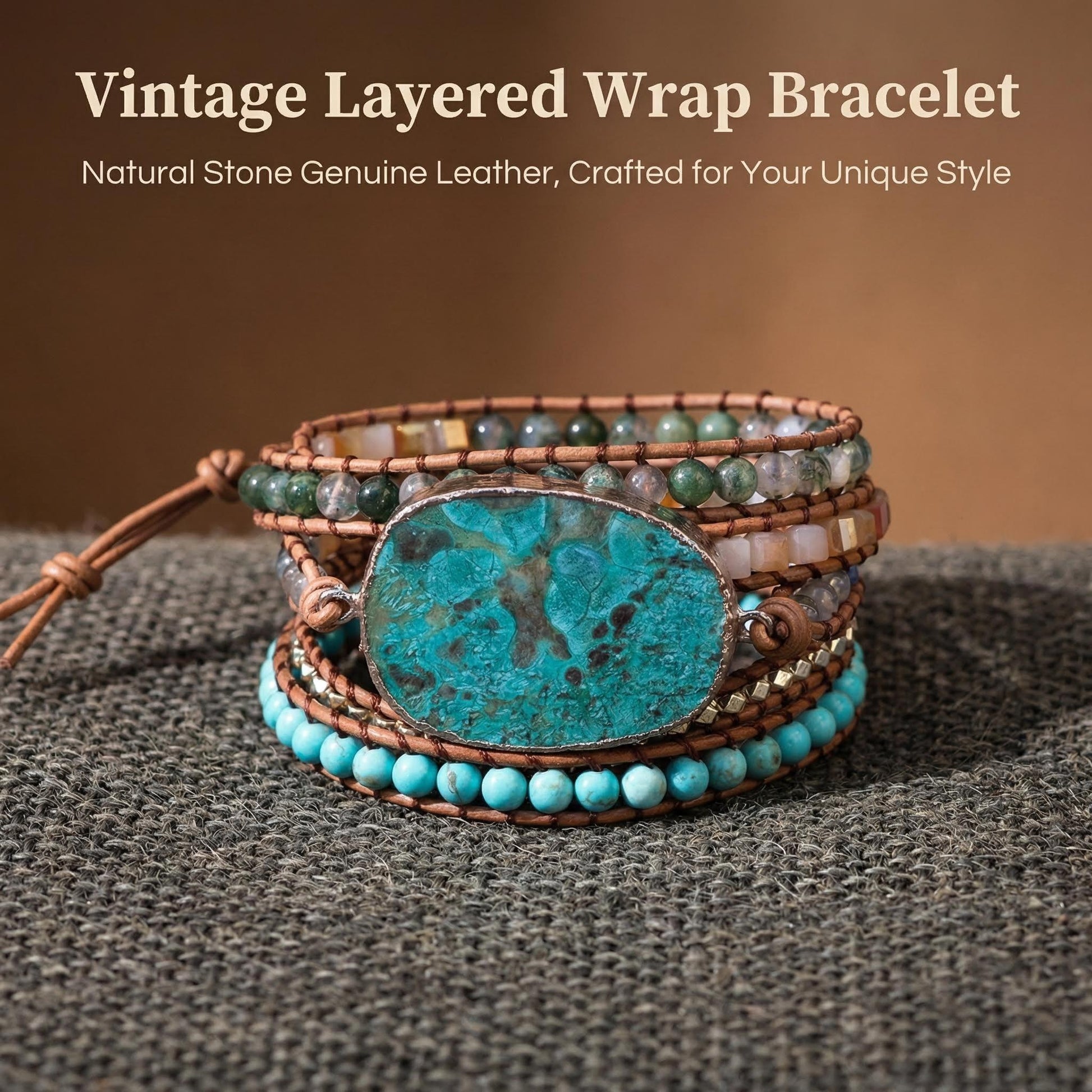 Bohemian Turquoise Wrap Bracelet Multi-Stone Leather Cuff for Balance Boho Style - Front view | AnwenYing Jewelry