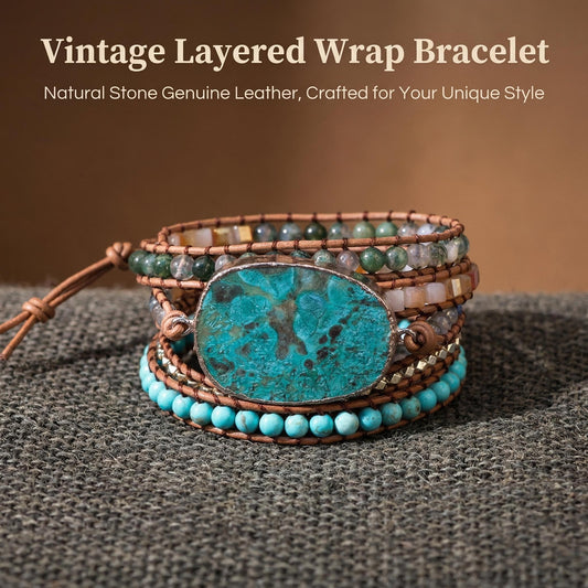 Bohemian Turquoise Wrap Bracelet Multi-Stone Leather Cuff for Balance Boho Style - Front view | AnwenYing Jewelry