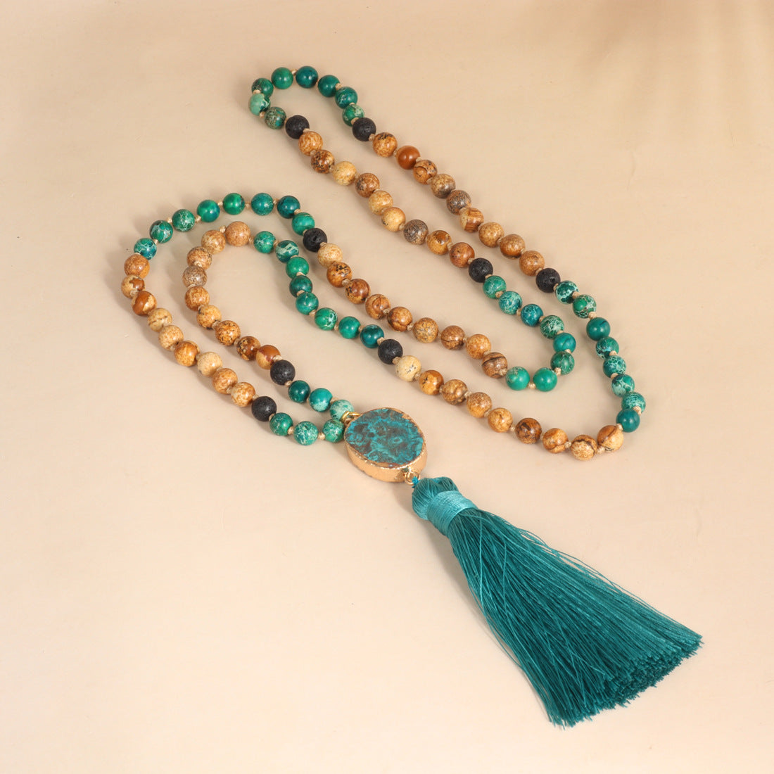 Turquoise beaded Necklace Tassel Pendant for Calm durable - Model wearing | AnwenYing Jewelry