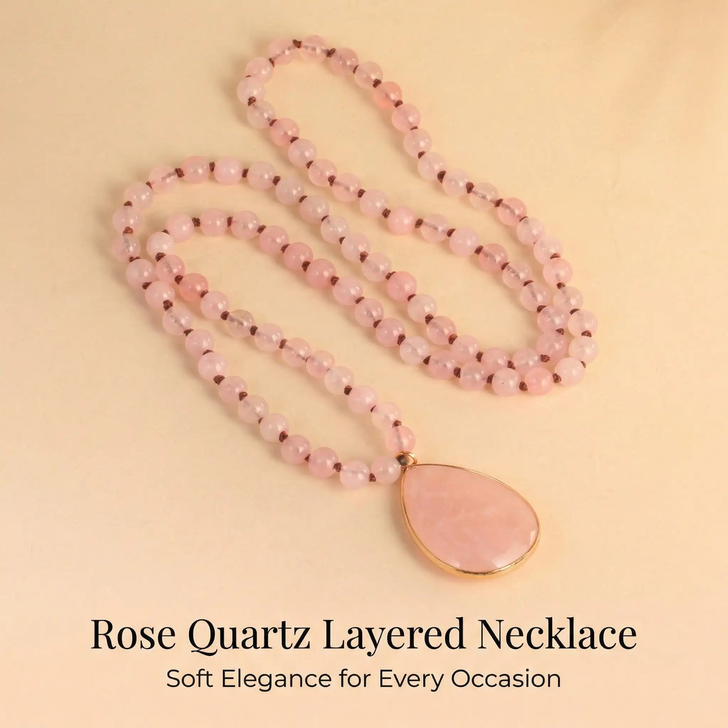 Rose Quartz Layering Necklace Boho Long Beaded Chain with Teardrop Pendant fo... - Front view | AnwenYing Jewelry