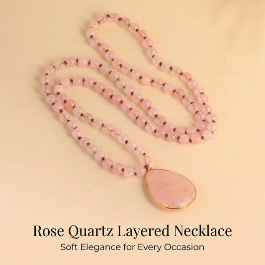 Rose Quartz Layering Necklace Boho Long Beaded Chain with Teardrop Pendant fo... - Front view | AnwenYing Jewelry