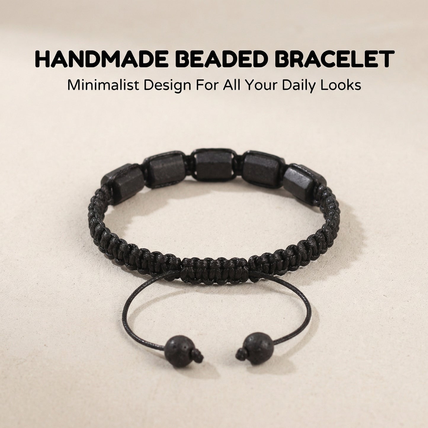 Black Lava Stone Adjustable Bracelet Handwoven Macrame durable Jewelry for ba... - Front view | AnwenYing Jewelry