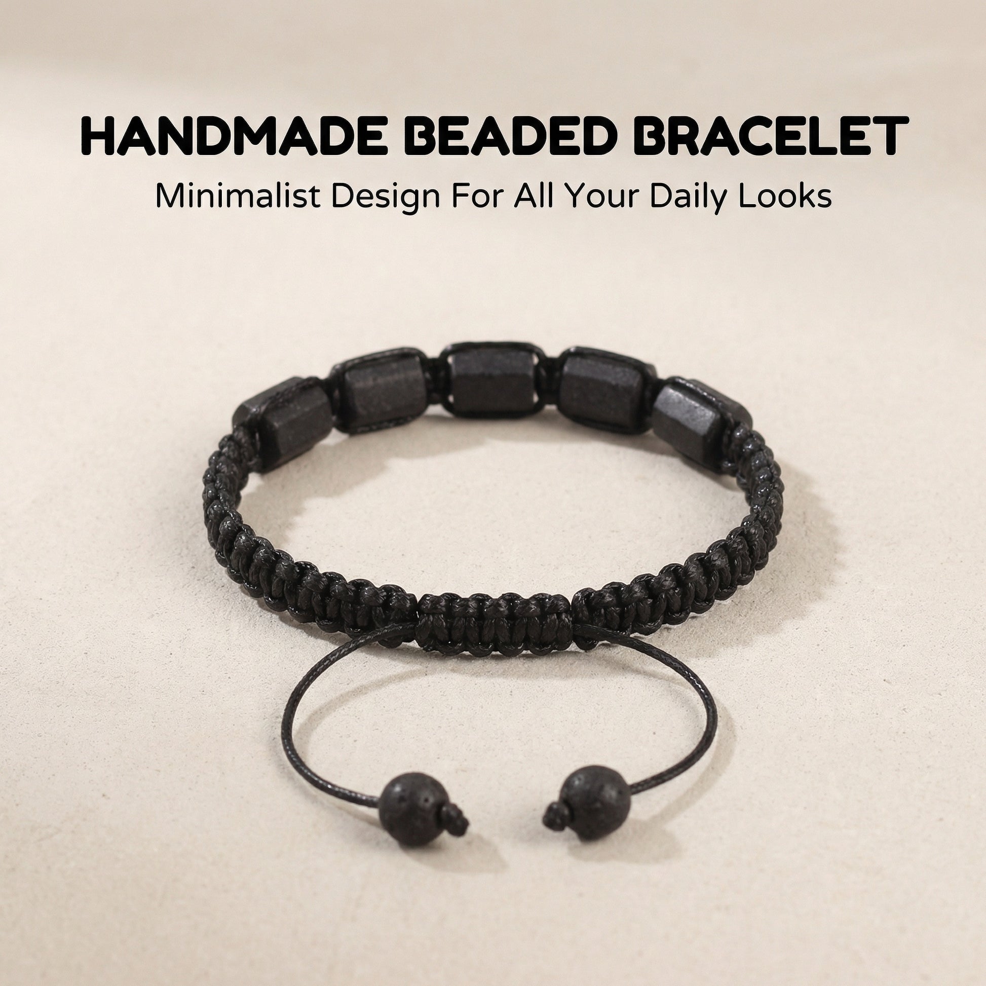 Black Lava Stone Adjustable Bracelet Handwoven Macrame durable Jewelry for ba... - Front view | AnwenYing Jewelry